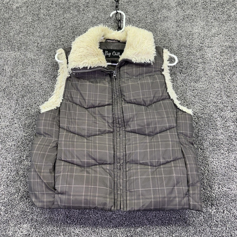 Big Chill Vest Womens Medium Gray Plaid Puffer Faux Sherpa Collar Zip Warm